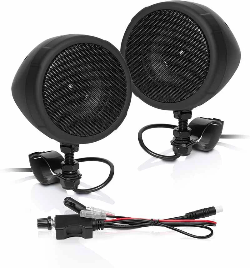 Two black Boss Speakers to connect to handlebars of a motorcycle
