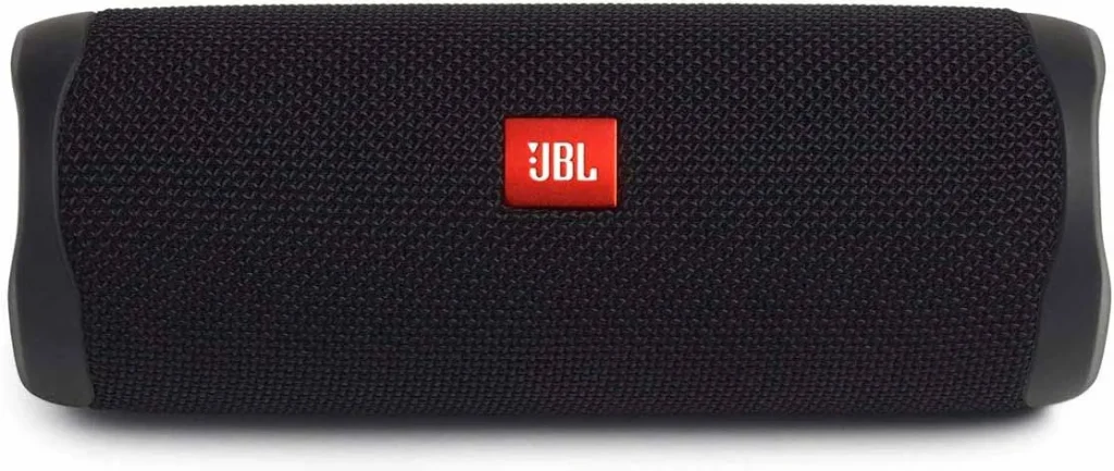JBL flip 5 portable speaker in black with red JBL logo in the center