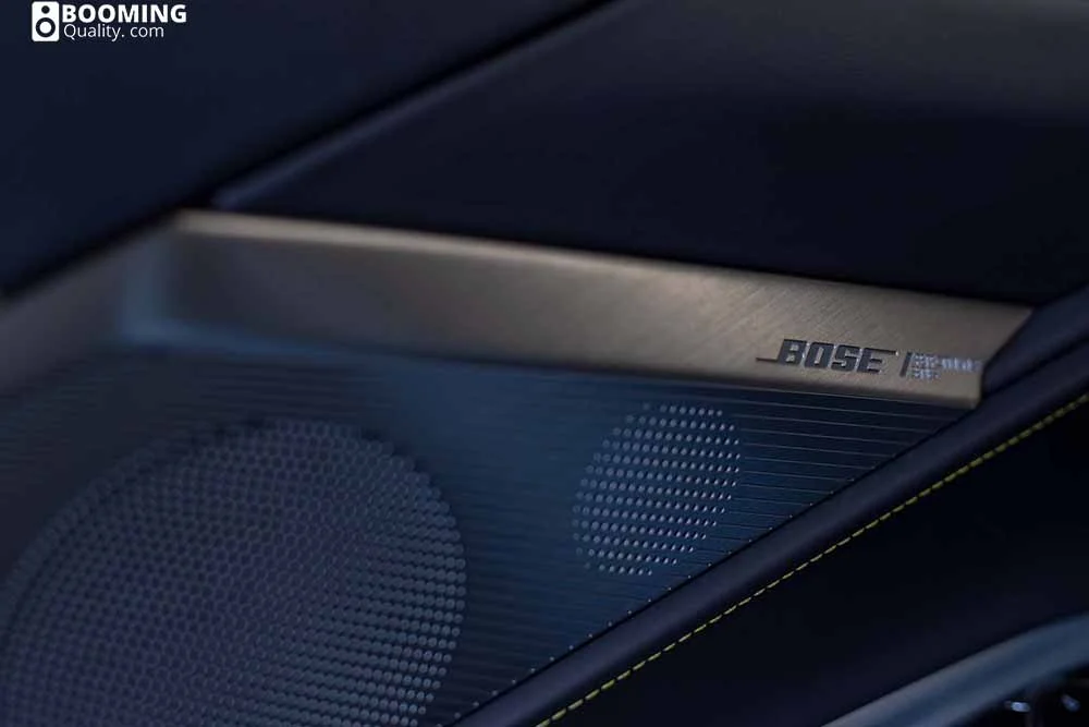 Close up of black Bose soundbar with yellow stitching