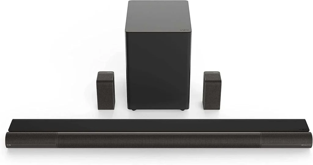 Vizio Elevate soundbar in black with subwoofer and surround sound speakers